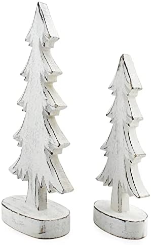AuldHome Ahşap Noel Ağaçları( 2 Set, Sıkıntılı Beyaz); Masa El Yapımı Mango Ahşap Ağaçları ile Dikdörtgen Taban için Tatil