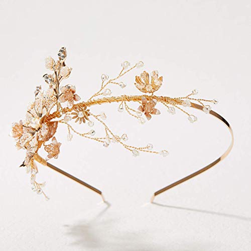 SWEETV Çiçek Yaprak Gelin Kafa Bandı Altın Kristal Tiara Kadınlar ıçin Inci Düğün Headpieces Gelin saç Aksesuarları Balo Doğum