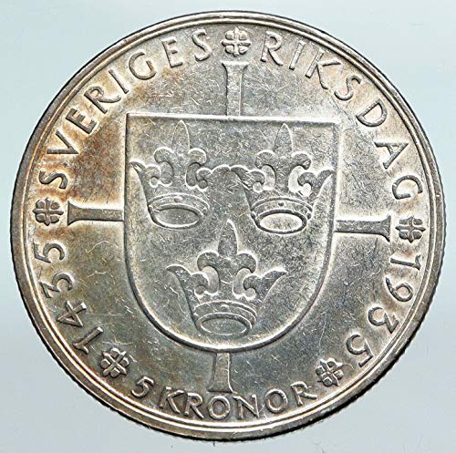 1935 SE 1935 İSVEÇ Kralı GUSTAF V AR Taçlı SİLAHLAR Antika 5 Kron İyi Sertifikasız
