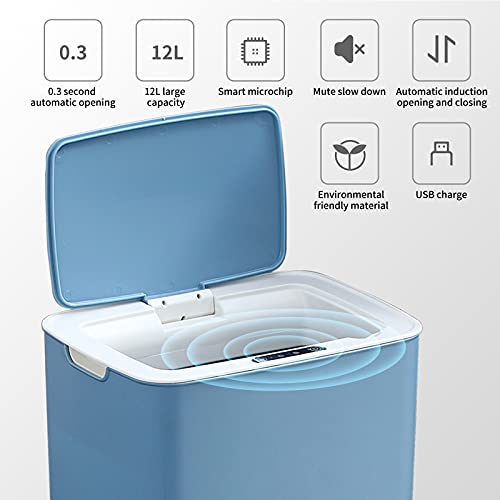 Otomatik Çöp Tenekesi 12 Litre / 3.17 Galon Dikdörtgen Banyo Çöp Tenekesi Mutfak,Oturma Odası ve Ofis için Kapaklı (Mavi))