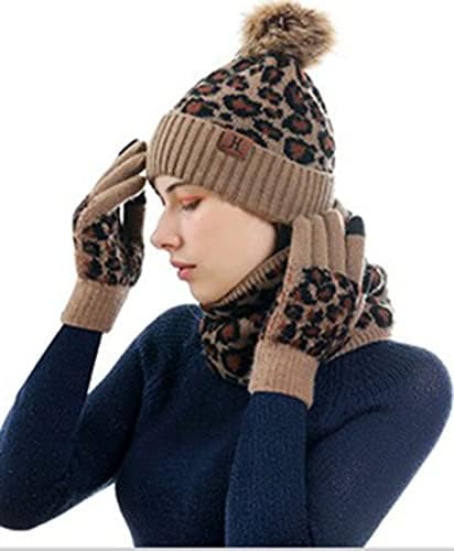 Kadın Kış Leopar Baskı Bere Eşarp Kaymaz Dokunmatik Eldiven Kaplı Örme Sıcak kasketleri Şapka Setleri