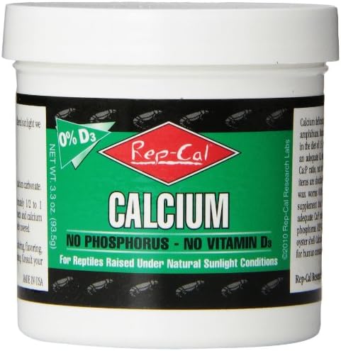 Rep-Cal 52298 Fosforsuz Kalsiyum Tozu D3 Vitamini İçermeyen Sürüngen/Amfibi Takviyesi, 4.1 oz
