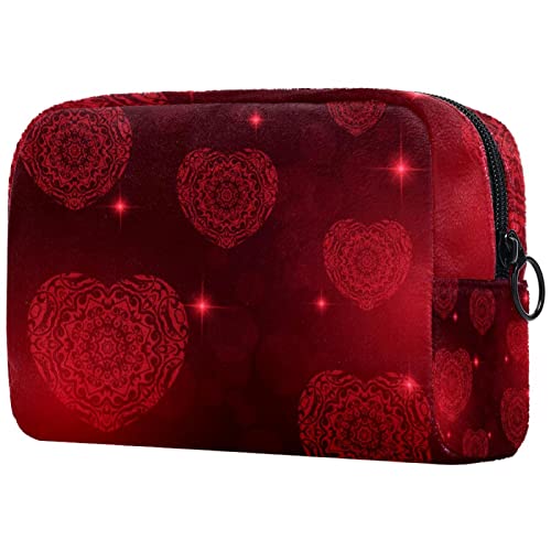 Kırmızı Dekoratif Kalpler Desen Makyaj Çantası Kozmetik Tuval Seyahat Çantası tuvalet çanta düzenleyici Kalem Kutusu