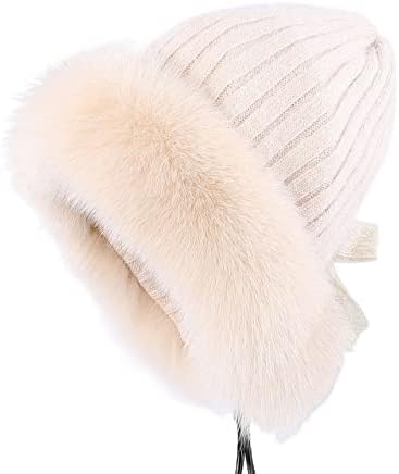 CNCDNALK kadın Kış Şapka kadın Kış Örme Bere Şapka Tilki Trim Kapaklar Kış Kulaklığı Bombacı Şapka Sıcak Yumuşak Düz Renk (Renk