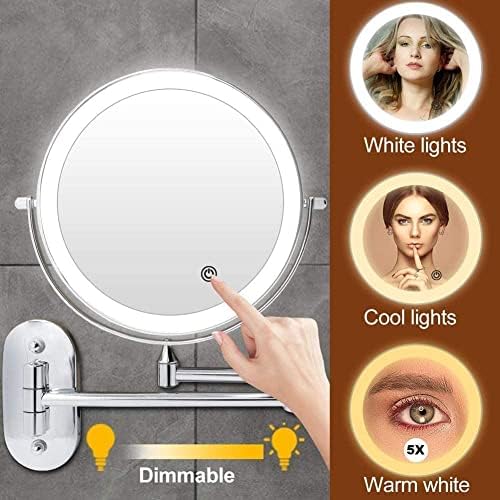 XKUN Kozmetik Ayna Duvara Montaj Geçiş Aynası 5 Çift Taraflı Katlanmış LED Banyo Aynası, 3 Renkli Işıklı Depolama Formülü 360