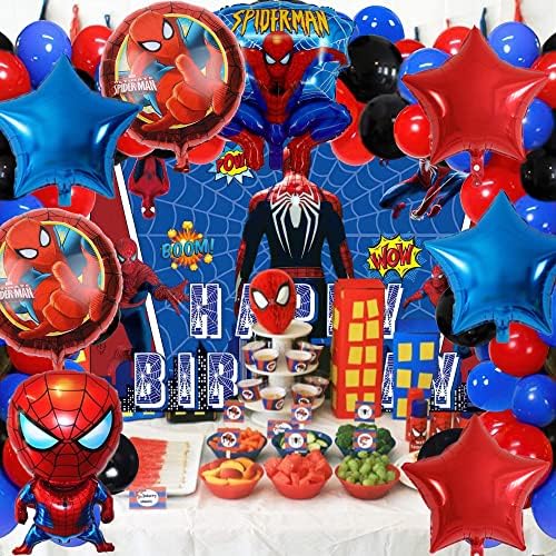 80 Pcs Örümcek Adam Parti Malzemeleri Çocuklar için Süslemeleri ile Zemin,Örümcek Adam Folyo Balonlar, Balon, Masa Örtüsü,