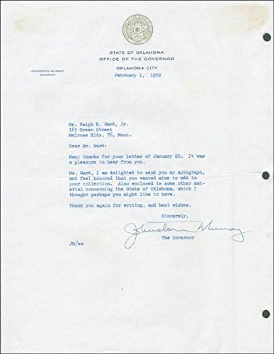 Vali Johnston Murray-02/01/1952 Tarihli İmzalı Mektup