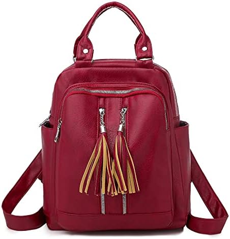 Bayanlar açık püskül deri sırt çantası moda rahat tüm maç sırt çantası hafif retro büyük kapasiteli seyahat çantası, kırmızı,