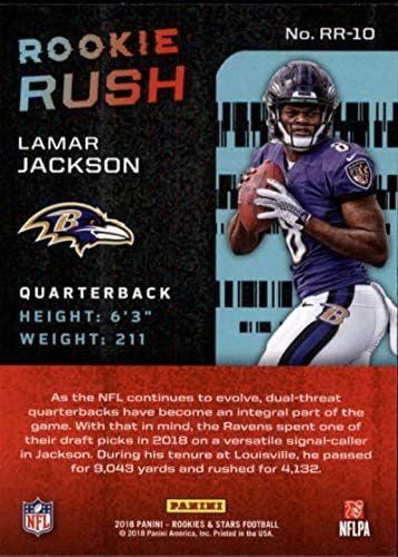 2018 Çaylaklar ve Yıldızlar Çaylak Rush Futbol 10 Lamar Jackson Baltimore Ravens Panini tarafından Üretilen Resmi NFL Ticaret