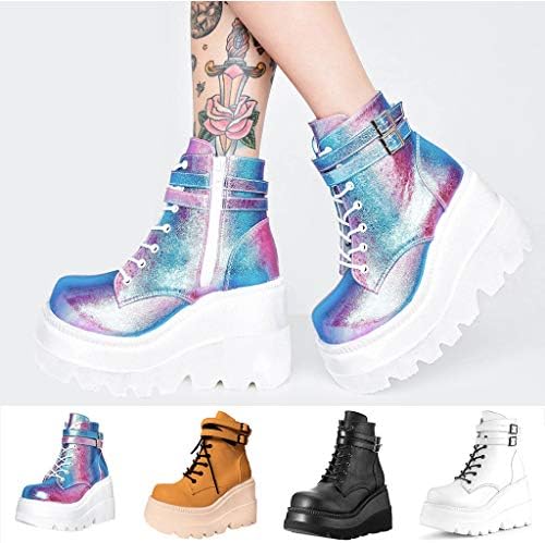 TARİENDY Moda Renkli Çizmeler Kadınlar için Yan Fermuar Platformu Kama Ayakkabı Yüksek Topuklu bağcıklı çizmeler
