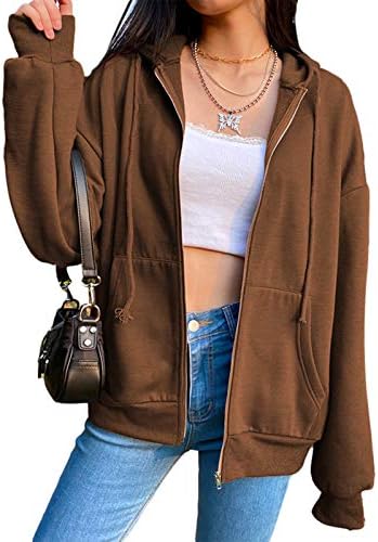 Kadın Zip Up Hoodie Y2k E-kız 90 s Uzun Kollu Zip Up Streetwear Ceket ile Cepler