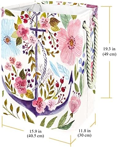 Çiçeklerle Mor Çapa Kulplu Estetik Desenli Çamaşır Sepeti Depolama Kutusu, Çocuk Odası, Ev Düzenleyici, Giysi Saklama, 19.3x11.8x15.9