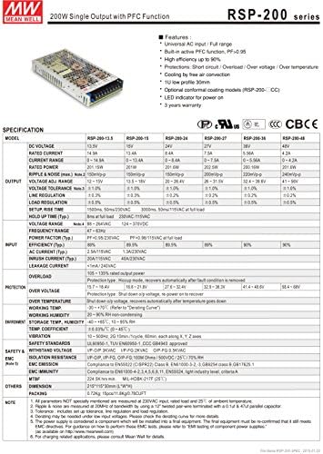 MW Ortalama Kuyu RSP-200-5 5V 40A Düşük Profilli Anahtarlama Güç Kaynakları
