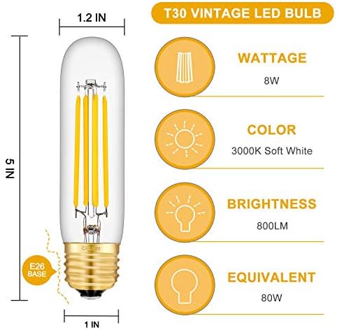CRLight 8 W Dim LED Tübüler Ampul 80 W Eşdeğer 800LM, 3000 K Yumuşak Beyaz E26 Orta Taban, Vintage Edison Tarzı T30 x 125MM