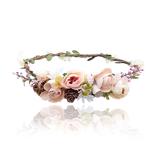 AWAYTR Bohemia Çiçek Taç Kafa Bandı-Zarif Çam kozalağı Yaprak Berry çiçek Kafa Bandı Çiçek Halo çelenk kadınlar (açık haki