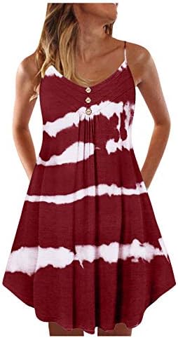Kadın Kolsuz Elbise Spagetti Kayışı Kruvaze Düz Shift Kravat-Boya Baskı Mini Elbise (Şarap, Orta)