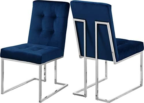 Meridian Mobilya Alexis Koleksiyonu Modern / Çağdaş Kadife Döşemeli Yemek Sandalyesi, Düğmeli Tafting ve Cilalı Krom Metal