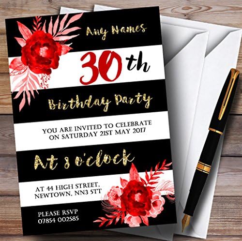 Siyah Beyaz Çizgili Altın Kırmızı Çiçek 30. Kişiye Özel Doğum Günü Partisi Davetiyeleri