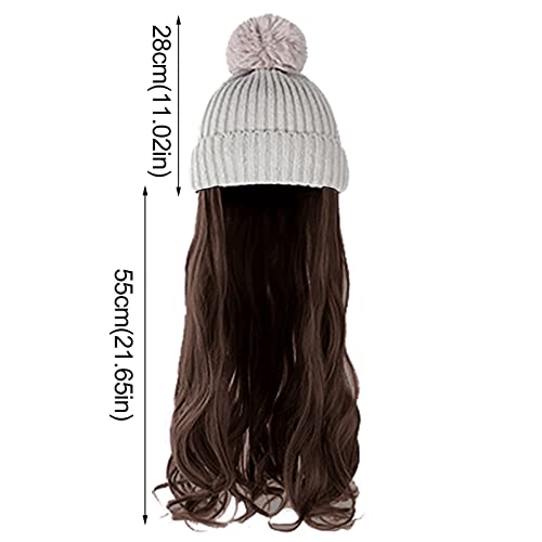 Bere Şapka Örgü Uzun Dalgalı Kıvırcık saç ekleme Peruk Sıcak Örme Pom Kap Ekli 18 inç Sentetik Postiş Kadınlar için Kış (G,
