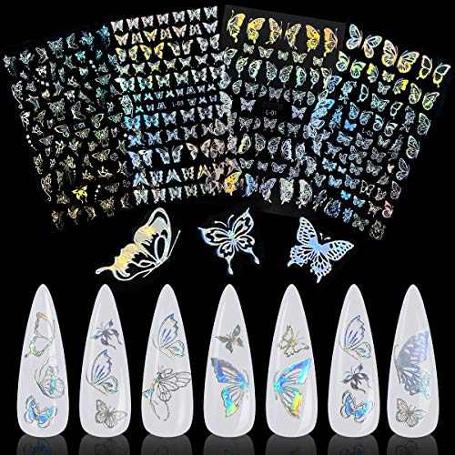 Holografik Kelebek Nail Art Sticker, KİSSBUTY 4 Yaprak Gümüş Kelebek Tırnak Çıkartmaları Yapışkanlı Lazer Kelebekler Tırnak