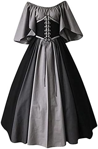 F_Gotal Bayan Rönesans Ortaçağ Kostüm Elbise Dantel Up Vintage Gotik Kısa Kollu Mini Elbise Cosplay Retro Elbisesi