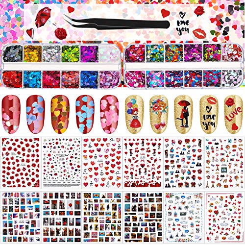 12 Levhalar sevgililer Günü Nail Art Sticker ve 24 Izgaralar Kalp Glitter Tırnak Pul Lazer Kalp Tırnak Flake Aşk Kalp Öpücük