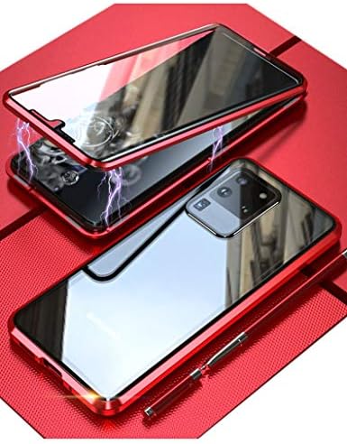 KumWum Manyetik Samsung kılıfı Galaxy S20 Ultra Metal Tampon Kamera Lens Koruyucu 9H Temperli Cam Ön ve Arka Kapak-Kırmızı