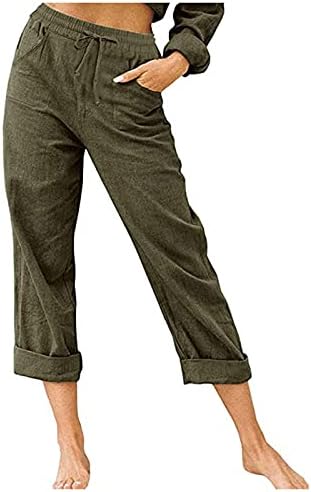 UBST yazlık pantolonlar Kadınlar ıçin Rahat Cepler Pamuk Keten Geniş Bacak Pantolon Gevşek İpli Bel Kapriler Plaj Kırpma Pantolon