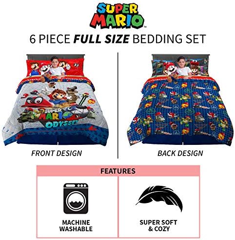 Franco çocuk yatağı Süper Yumuşak Yorgan Çarşaf ve Sarılın Yastık yatak odası takımı, 6 Parça Tam Boy, Mario Odyssey