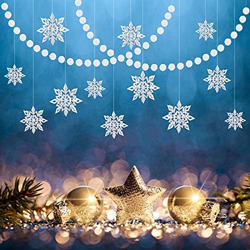 12 Adet 3D İnci Beyaz Glitter Kar Tanesi Asılı & 2 Strings Beyaz Daire Nokta Çelenk Kış Noel Partisi Dekor, Yeni Yıl Partisi