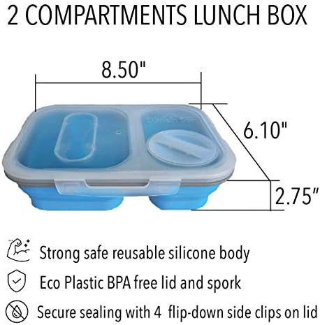 UniversoBasics Silikon Katlanabilir Öğle Yemeği Bento Kutusu-Küçük-2 Bölmeli-38 floz-Mavi