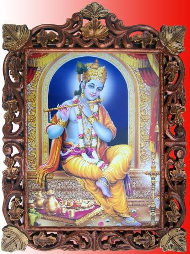 Lord Krishna Sarayda Flüt Çalıyor Poster Boyama Ahşap El Sanatları Çerçeve