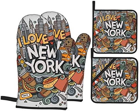 Karikatür Sevimli New York Amerikan Tema Sanat Fırın Eldiveni ve Pot Sahipleri Setleri 4 Dayanıklı Sıcak Pedleri ile Polyester