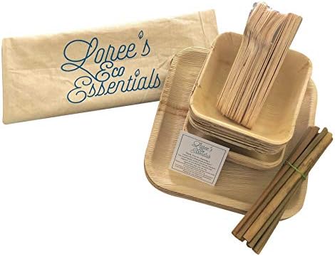 Loree's Eco Essentials Biyobozunur Tek Kullanımlık 70 Parça Tabaklar, Kaseler, Mutfak Eşyaları, Payet Bambu, Palmiye Yaprağı