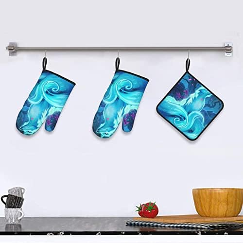 Mavi Tilki Baskı Fırın Eldiveni ve Pot Tutucular Setleri, Mutfak Fırın eldiveni Yüksek ısıya dayanıklı 500 Derece Fırın Eldiveni