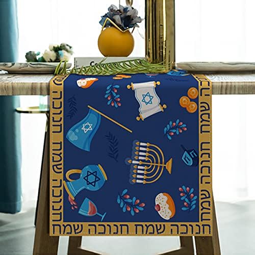 Keten 13x72 Hanuka Masa Koşucu Yahudi Chanukah Dreidel Hatıra İbranice Masa Dekorasyon Mutfak Yemek Odası Dekorasyon