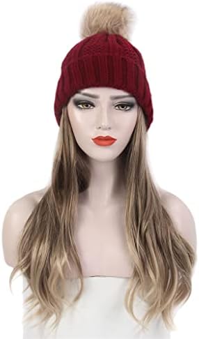 KLHHG Moda Avrupa ve Amerikan Bayanlar Saç Şapka Bir Uzun Kıvırcık Altın Peruk ve Şapka Bir Kırmızı Örme Şapka Peruk