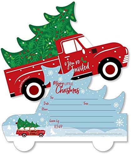 Mutluluk Büyük Nokta Merry Little Noel Ağacı Şeklinde Dolgu Davetiyeleri-Zarflı Kırmızı Kamyon Noel Partisi Davetiye Kartları-12