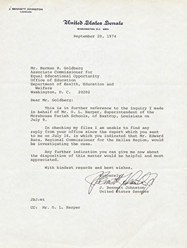 J. Bennett Johnston Jr. - 09/10/1974 İmzalı Mektup
