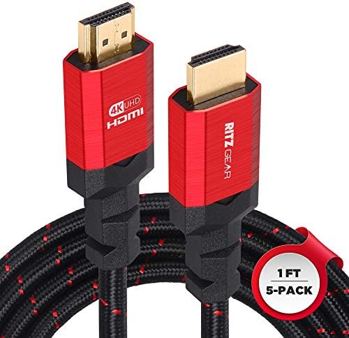 Ritz Gear 4K HDMI Kablosu 1 ft / Yüksek Hızlı Hdmı Kabloları, Siyah Kırmızı Örgülü Naylon ve 24K Altın Kaplama Konektörler,