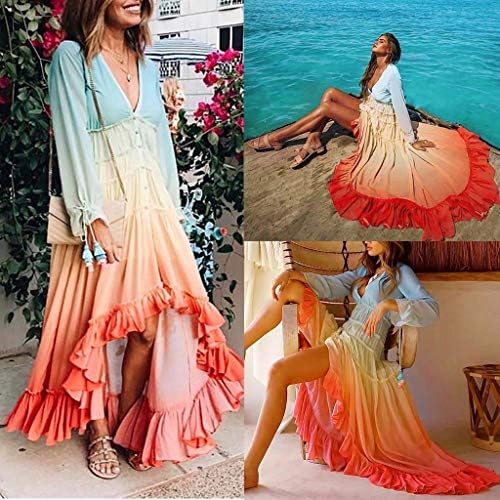 TİMİFİS Tatil Elbiseler Kadınlar için Uzun Kollu Plaj Elbise Seksi V Boyun Güneş Elbise Degrade Renk Fırfır Yaz Maxi Elbise
