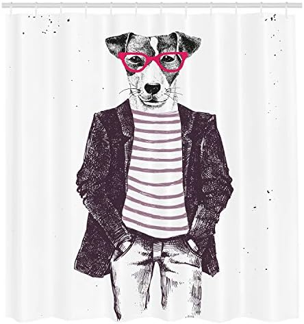 Ambesonne İlginç Duş Perdesi, Hipster Jack Russell Köpek Gözlük Elle Çizilmiş Kabataslak Moda Hayvan Eğlenceli, Bez Kumaş Hooks