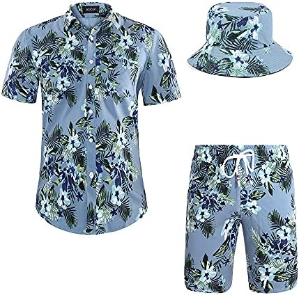 MCEDAR erkek Hawaii Gömlek ve Kısa 2 Parça Tatil Kıyafetler Setleri Casual Düğme Aşağı Plaj Çiçek Kova Şapka ile Suits