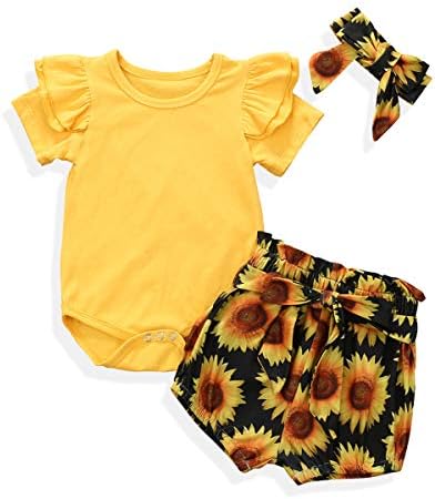 Bebek Ayçiçeği Kıyafet Kısa Kollu Romper Bodysuit Fırfır Şort Kafa Bandı ile 3 adet Giysi Set (6-12 Ay, Ayçiçeği)