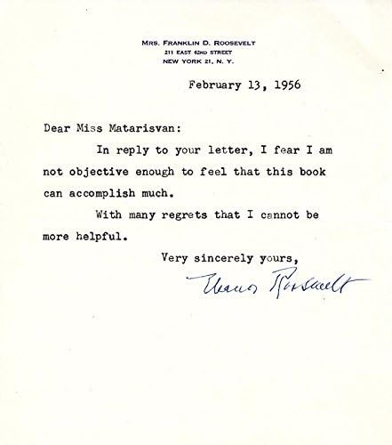 First Lady Eleanor Roosevelt-02/13/1956 İmzalı Mektup