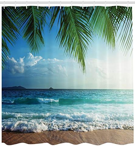 Ambesonne Okyanus Duş Perdesi, Palms Tropical Island Beach Seashore Su Dalgaları Hawaii Denizcilik Deniz, Bez Kumaş Hooks ile
