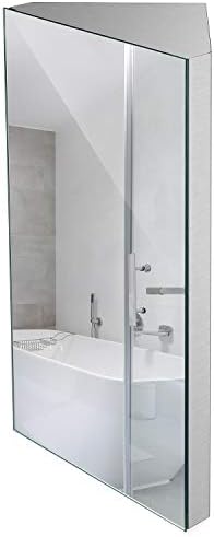 Ayna ile 24 İnç Duvara Monte Köşe Ecza Dolabı, Banyo Duvar Dolabı, Fırçalanmış Paslanmaz Çelik - Sol Açık Ayna Kapı Üç Raf