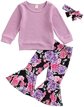 Toddler Bebek Kız Giysileri Uzun Kollu Waffle Tops Çiçek Çan Alt Pantolon Kıyafetler Set + Kafa Bandı