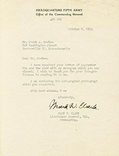 General Mark W. Clark-10/09/1944 İmzalı Mektup