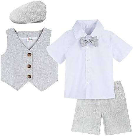 A & J tasarım Bebek Erkek Takım Elbise Beyefendi Şort Setleri, 4 adet Kıyafet Gömlek ve Şort ve Yelek ve Şapka